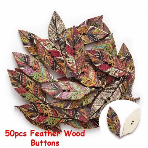 50PCs Wooden Buttons Multicolor Feather Pattern Fit Sewing DIY Scrapbook 