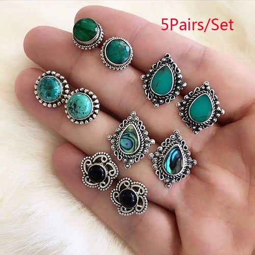 5Pairs/Set Women Vintage Turquoise Earrings Ear Stud Boho Earrings Jewelry Gift 