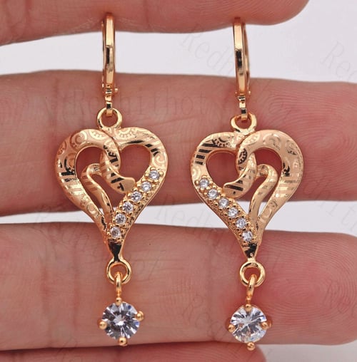 Elegant Ladies Drop Earrings Real 18K Gold Filled Sweet Heart Cubic Zircon 