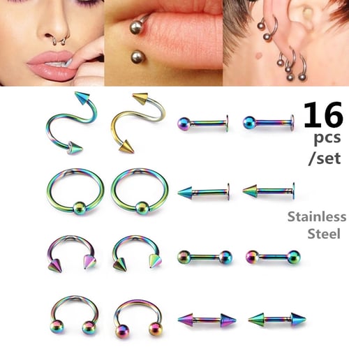 16Pcs Punk Steel Piercing Open Nose Lip Rings Spike Navel Bell Button Rings Sets 