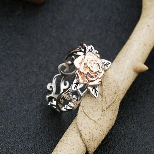 Elegant Two Tone Rose Gold Rose Flower Ring 925 Silver Women Jewelry Size 5-10