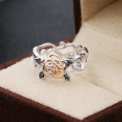 Exquisite Two Tone Silver Floral Ring 14k Rose Gold Flower Wedding Jewelry Gift 