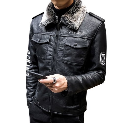 StyleV Faux Leather Jacket for Men,Vintage Fleece Fall Winter Warm Motorcycle Biker Classic Jacket Coat Outdoor