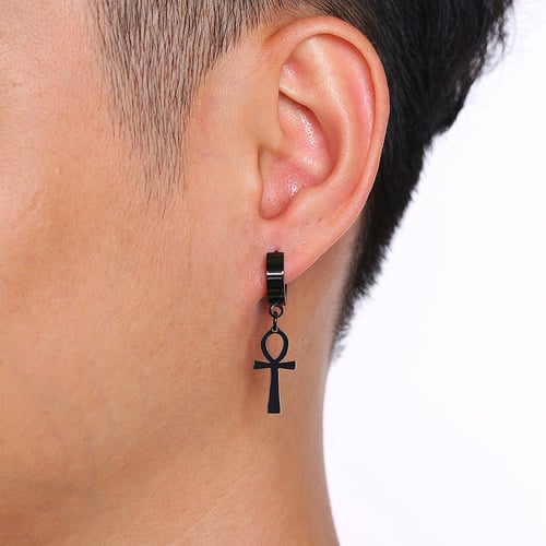 Earrings Cross PAIR of Women Men Huggie Hoop Ear Drop Punk Style Stainless Steel 
