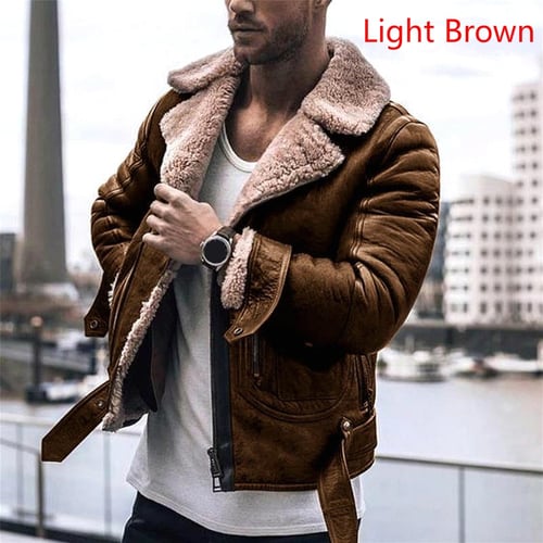 Men Leather Jacket Cashmere Lined Coat Motorcycle Thickened Warm Winter Outwear