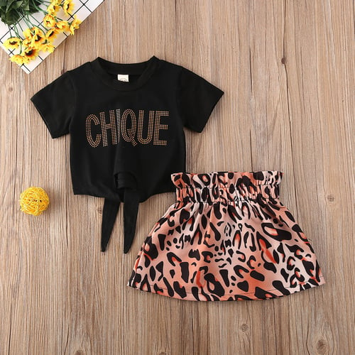 Toddler Kid Baby Girl Clothes Off Shoulder Ruffle Tops Shirt Leopard Skirt Outfits Sets Black, 12-18M