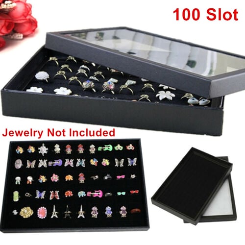 Jewelry Ring Display Organizer Case Tray Holder Earring Storage Box 36/100 Slots