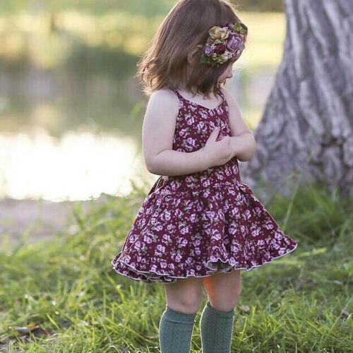 Toddler Baby Kids Girls Fly Sleeve Ruched Floral Flowers Print Dresses Clothes