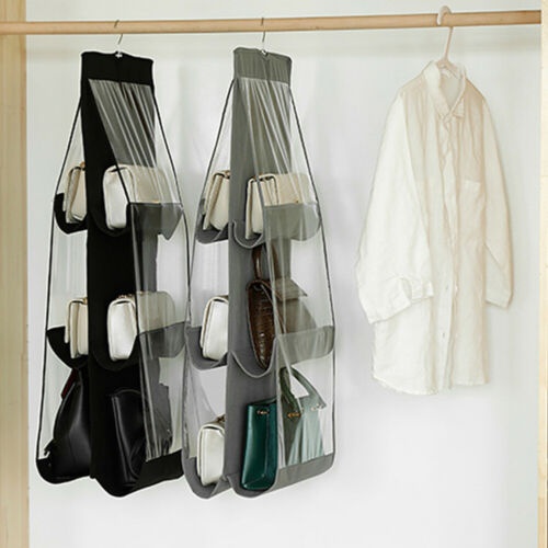 6 Pockets Clear Hanging Purse Handbag Tote Bag Storage Organizer Closet Rack Bag 