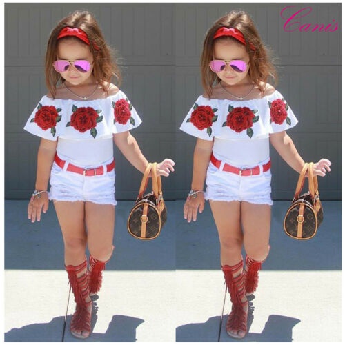 UK Cute Baby Girl Kids Floral Shirts Top+Ripped Denim Shorts Outfit Clothes 1-7Y