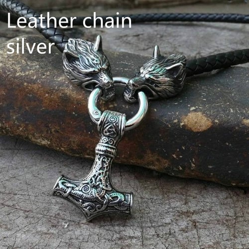 Men's Stainless Steel Norse Viking Wolf&Thor hammer Mjolni Pendant Necklace Gift 
