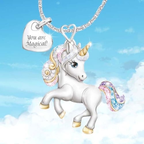 UNICORN NECKLACE Wish Lucky Rainbow Horse Pony Silver Chain Girl's Birthday Gift