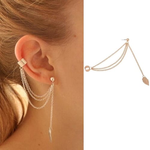Fashion Women Punk Rock Leaf Chain Tassel Dangle Ear Cuff Wrap Earrings Ear Clip 
