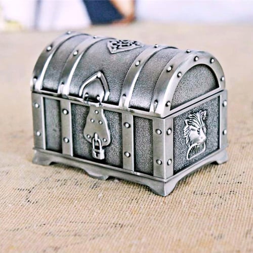 Vintage Treasure Chests Shape Tin Jewelry Ring Box Gift Case Antique Silver 