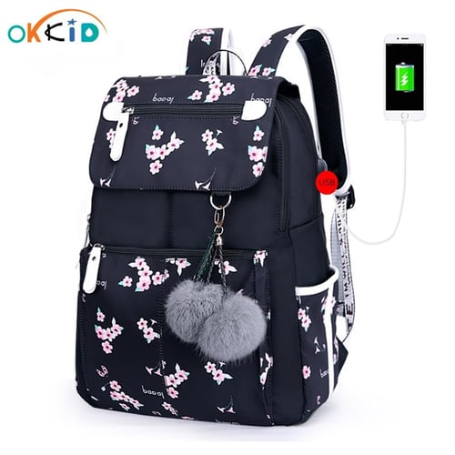 Floral Travel Backpack for Girls with USB Charging Grey 