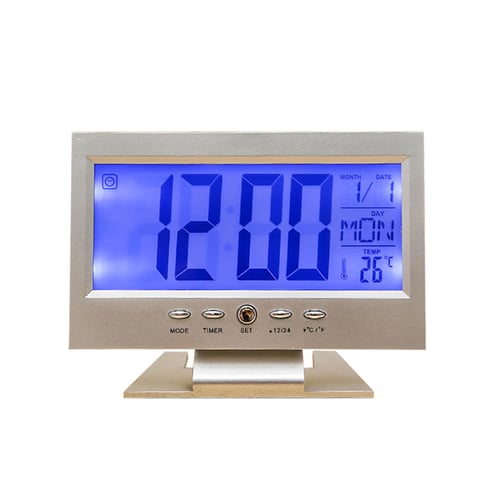Calendar Temperature Alarm Black Sound Sensor Light Up LCD Digital Table Clock 