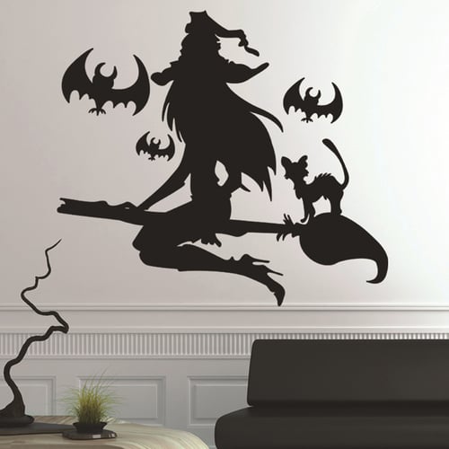 Beautiful Young Witch and Bats Wall Decals Window Stickers Halloween Vinyl Decor