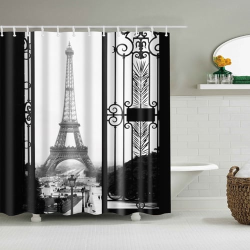 Vintage Shower Curtain Bathroom Waterproof Liner with 12 Hooks Eiffel Tower 