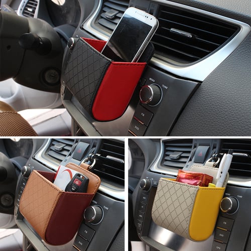 Jiacheng29 Plaid Faux Leather Car Air Vent Outlet Hanging Phone Storage Basket Box Case Holder Beige Yellow 