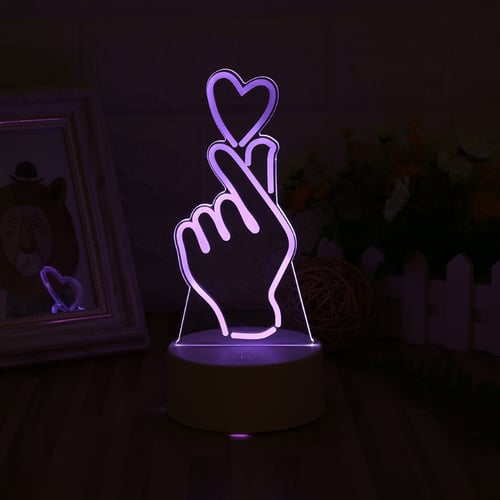 3D Color Change LED Finger Heart USB Night Light Desk Table Lamp Home Room Deco 