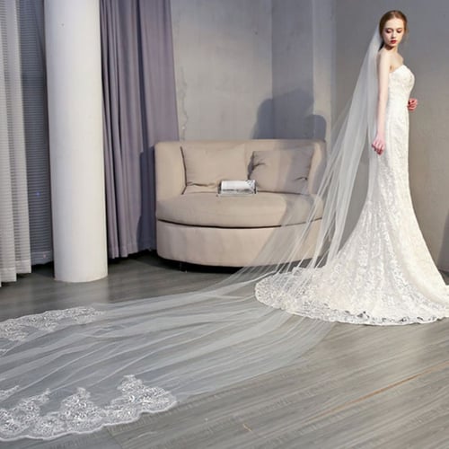 4M White Cathedral Lace Edge Sequins Bride Wedding Bridal Long Veil Comb Hot