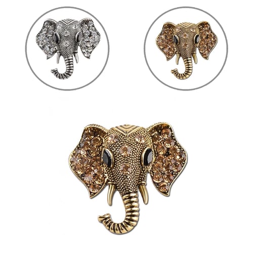 Bronze Shining Rhinestones Elephant Head Brooch Pin Garment Hat Collar Decor Badge Brooch Pin 