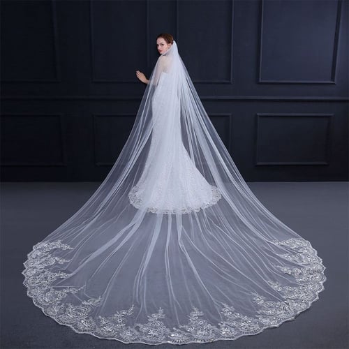 1 Layer 3Meter Cathedral Trailing Long Bridal Wedding Veil Lace Applique w/ Comb 