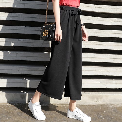 Women Tie Wide Leg Pants Solid Color Pantalones Female High Waist Thin  Chiffon Plus Size Casual Ladies Culottes Trousers - buy Women Tie Wide Leg  Pants Solid Color Pantalones Female High Waist