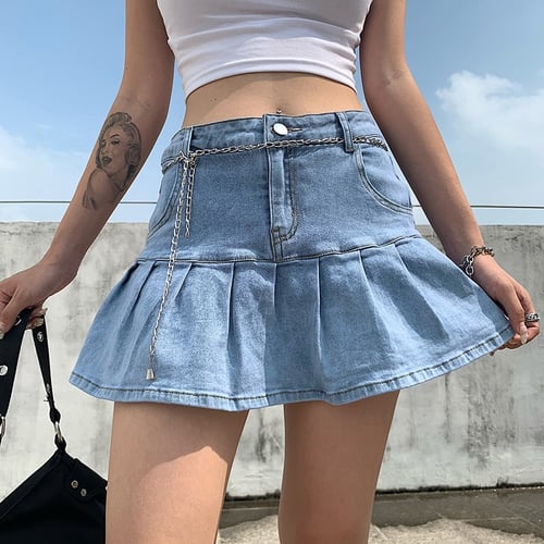 y2k Pink Denim Pleated Skirts Mini Solid Casual Woman Fashion Korean Style  High Waist Skirt with Lined Hot Club Party Girls 2020 - buy y2k Pink Denim  Pleated Skirts Mini Solid Casual