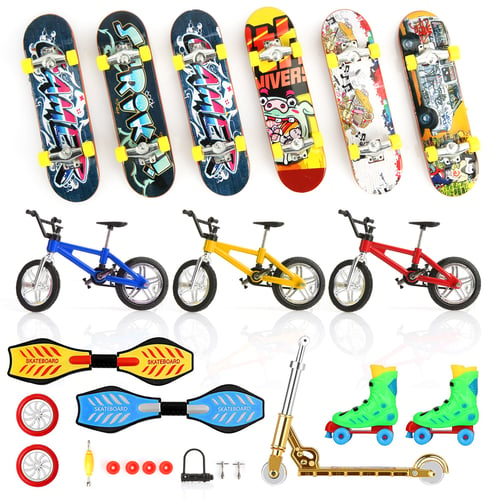 Suilung 25 Pieces Mini Finger Toys Set Finger Roller Skates Finger Pant Finger Skateboards Finger Bikes Scooter Tiny Swing Board Fingertip Movement Party Favors Replacement Wheels and Tools 