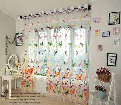 Butterfly Print Sheer Curtain Panel Window Balcony Tulle Room Divider Curtain 