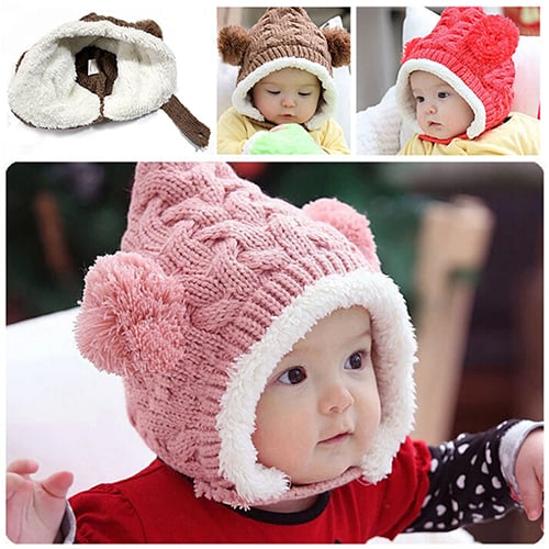 Baby Kids Girls Boys Dual Balls Warm Winter Knitted Caps Hats Beanie 2015 Cute 