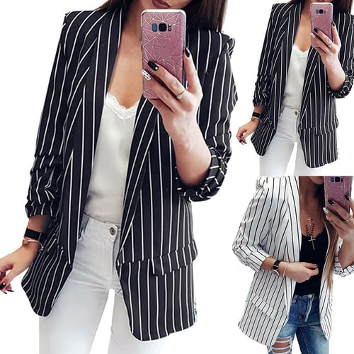 Autumn Winter Fits Women Blazer Mujer Formal Jackets Office Lady Open Front  Notched Blazer Coat Fashion Stripe Black White - buy Autumn Winter Fits  Women Blazer Mujer Formal Jackets Office Lady Open