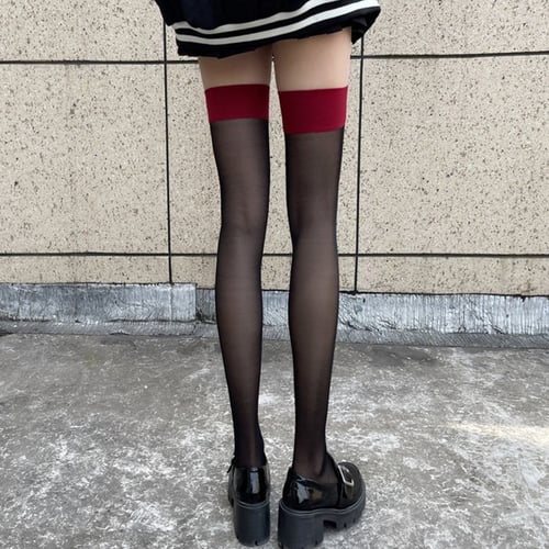 Women Contrast Color Silky Thigh High Stockings Non-Slip Silicone Over Knee Sock 