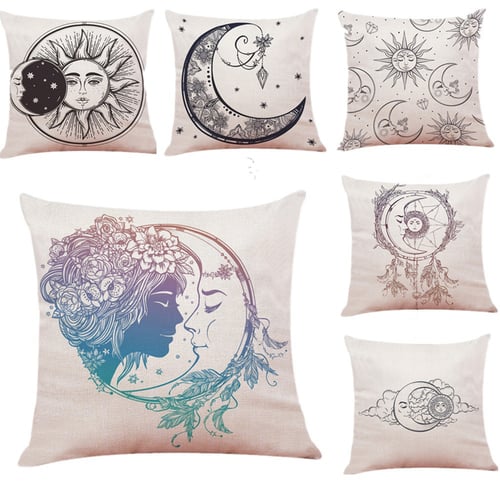 Sun Moon Cotton Linen Pillow Case Sofa Waist Throw Cushion Cover Home Decor 
