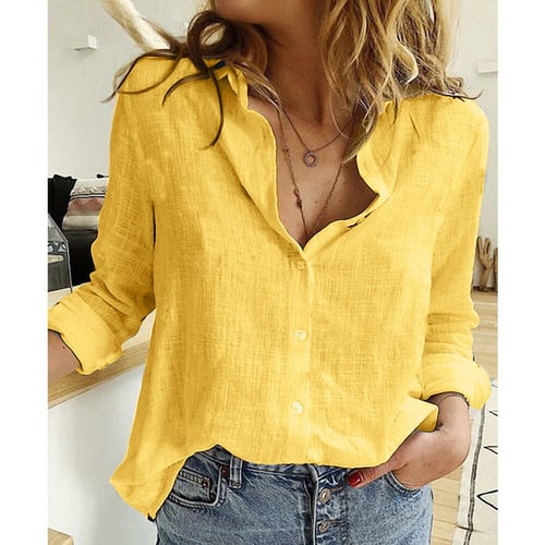 Womens Long Sleeve Button Down Tunic Tops Shirt Cotton Linen Shirt Blouse Loose Fit Casual V-Neck Tops 