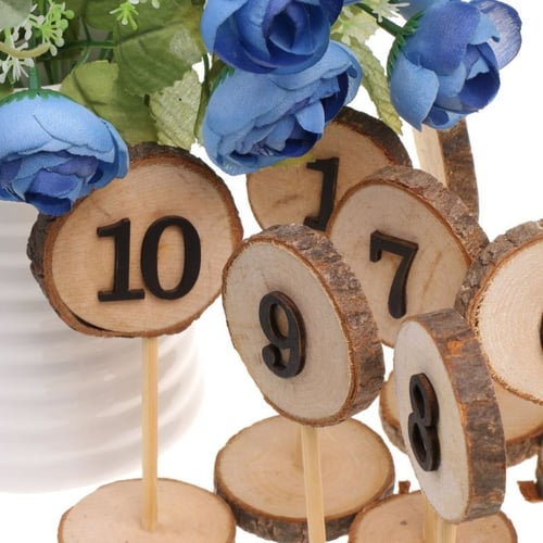 Set of 10 Freestanding wedding wooden table numbers with round bases/sticks 