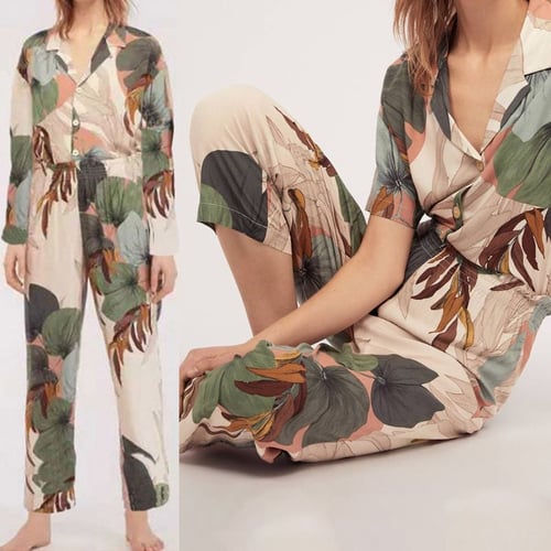 V Neck Nightwear Sleep Set Pajamas Ice Silk Printing Long Sleeve Homewear  Sleepwear Shirt Pant Outside 2Pcs Loose Homewear