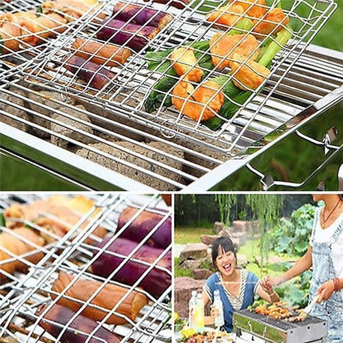 Barbecue Grilling Basket BBQ Net Wooden Handle Meat Fish Clip Holder Metal Wire 