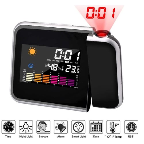 LED LCD Backlight Digital Weather Projection Snooze Alarm Clock Color Display 