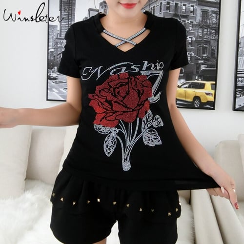 Summer Fashion Korean Clothes T-shirt Sexy Hollow Out Diamonds Rose Cotton  Women Tops Ropa Mujer Short Sleeve Tees 2020 T06629 - buy Summer Fashion  Korean Clothes T-shirt Sexy Hollow Out Diamonds Rose