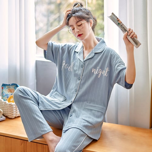 2022 Spring And Summer New Korean Pajamas V-Neck Cardigan Short Sleeve  Trousers Suit Sweet Home Wear Can Be Worn Outside - sotib olish 2022 Spring  And Summer New Korean Pajamas V-Neck Cardigan
