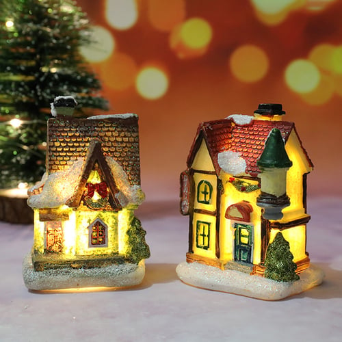 LUMINOUS RESIN MINI CHRISTMAS HOUSE MODEL FIGURINE LANDSCAPE HOME XMAS DECOR 