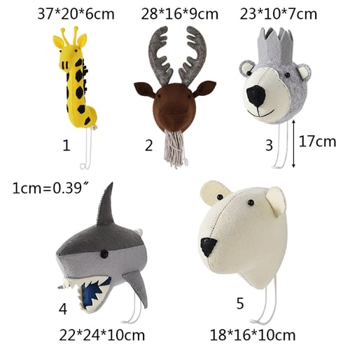 HipyYAN 3D Cartoon Animal Head Decoration Wool Felt Giraffe Elk Bear Shark Toy Ornament 