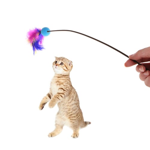 Cat Toys Stick Feather Ball Funny Interactive Kitten Pet Squeaky Teaser Plastic 