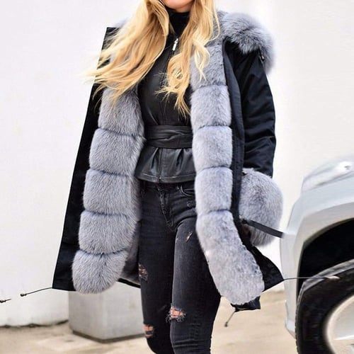 Womens Faux Fur Winter Jacket Parka Hooded Coat Fishtail Long Sleeves Overcoat 