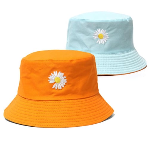 Unisex Fisherman Cap Reversible Bucket Hat Daisy Sunflower Embroidered Wide Brim 