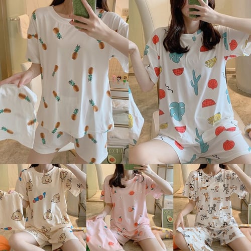 PIKADINGNIS Soft Girls Pajamas Set Korean Summer New Short Sleeve Loose  Leisure Sleepwear V-neck Women Nightwear Shirt Home Wear Clothes