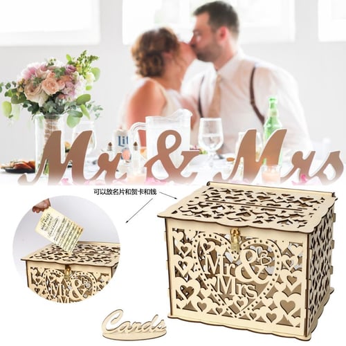 DIY Wedding Gift Mr & Mrs Wooden Card Money Box Case With Lock Party Decoration 