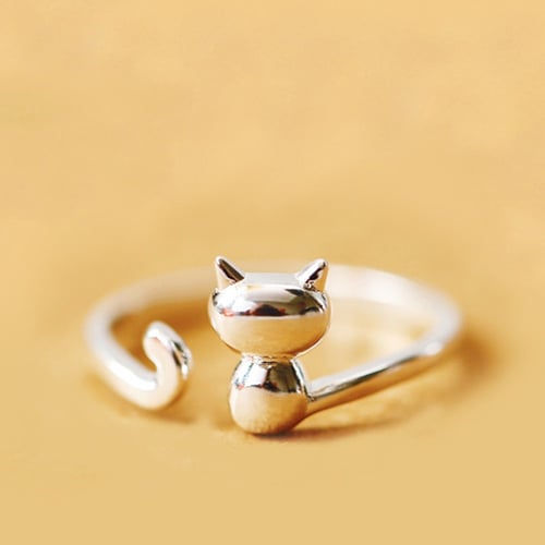 Women Silver Plated Jewelry Lovely Cat Open Finger Ring Adjustable Size Wedding 